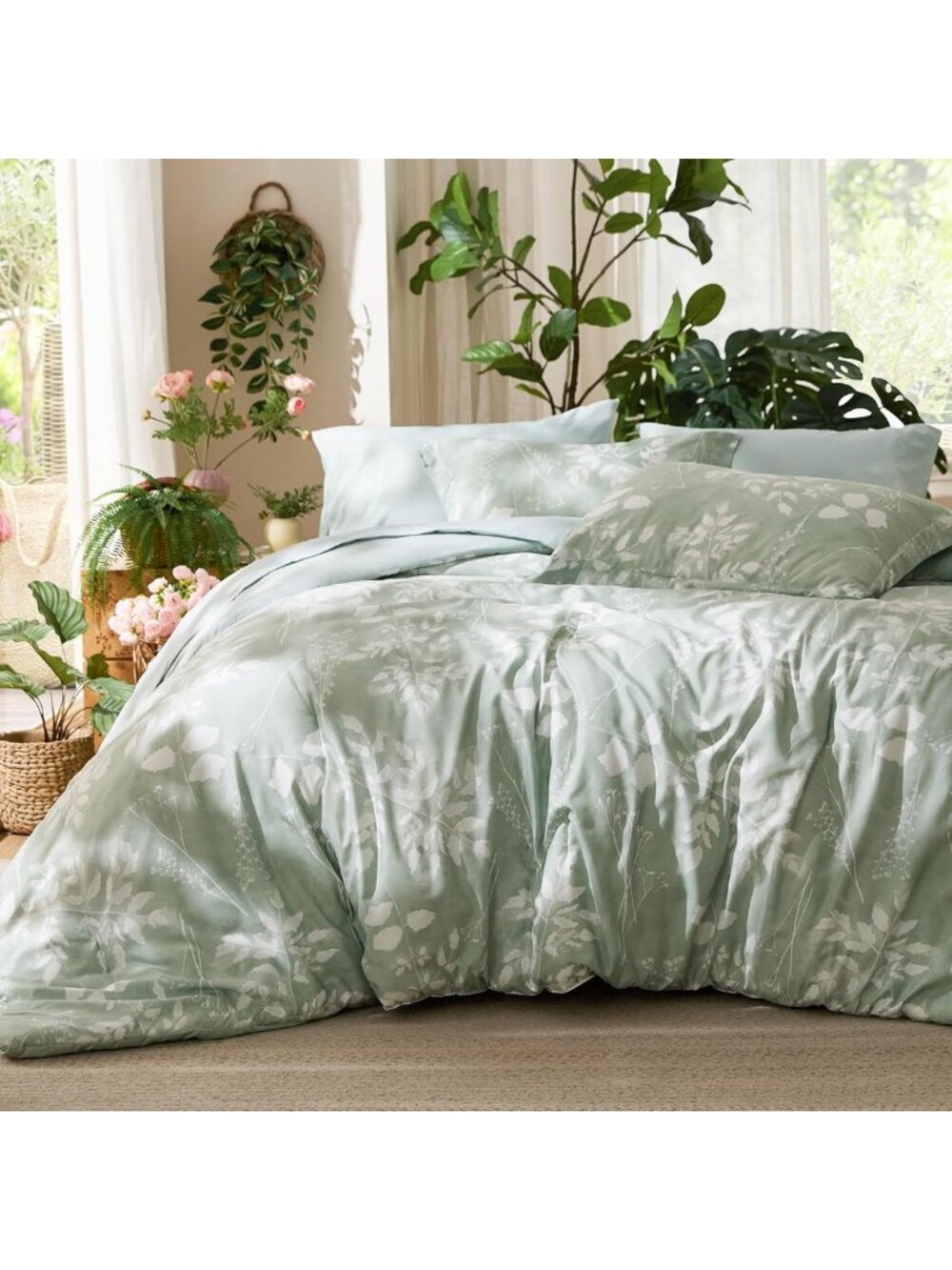 Floral Sage Green 7-Piece Comforter Set for California King Bedding, Cozy